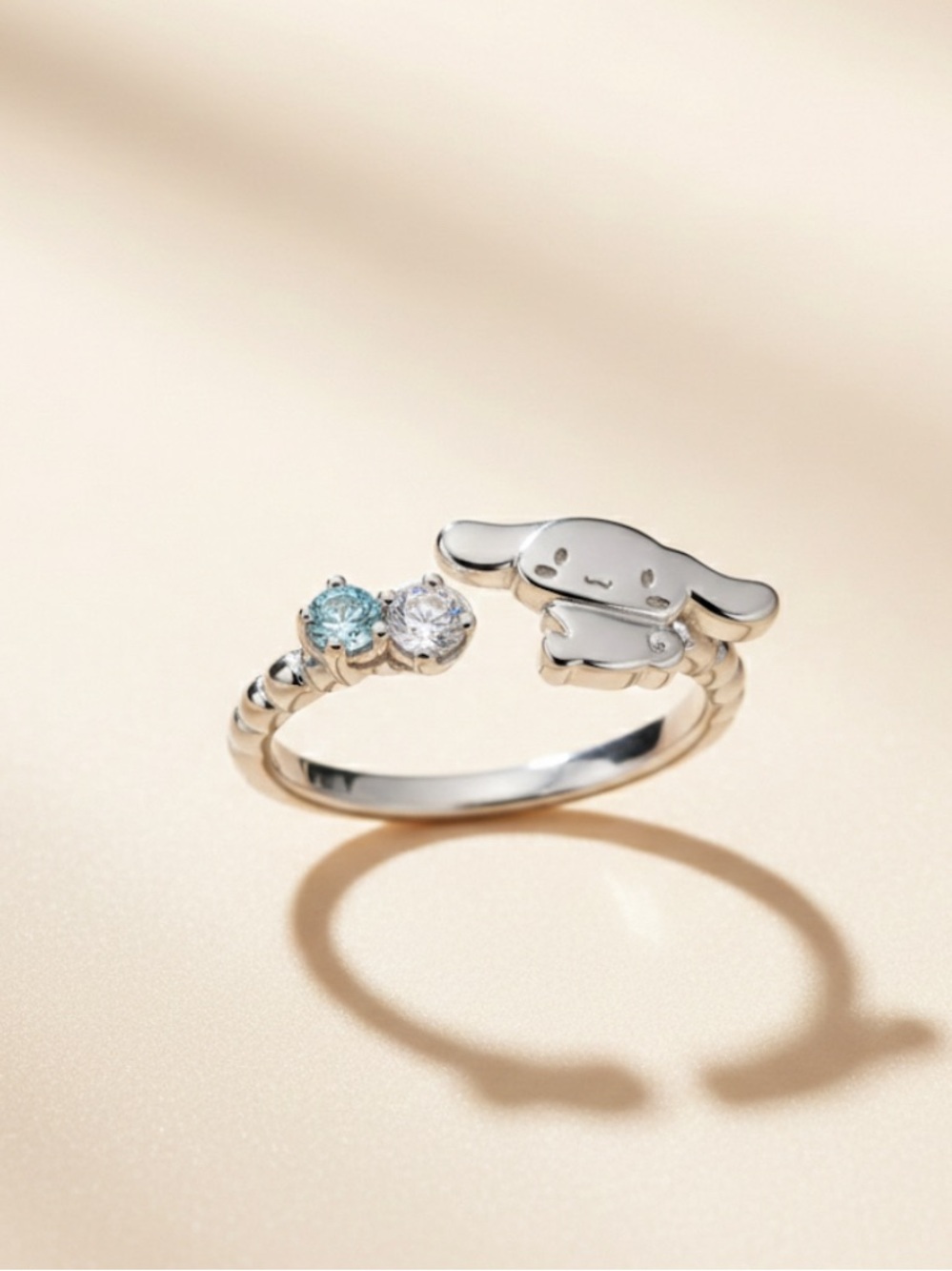 Cute Character Silver Ring with Blue and Clear Stones